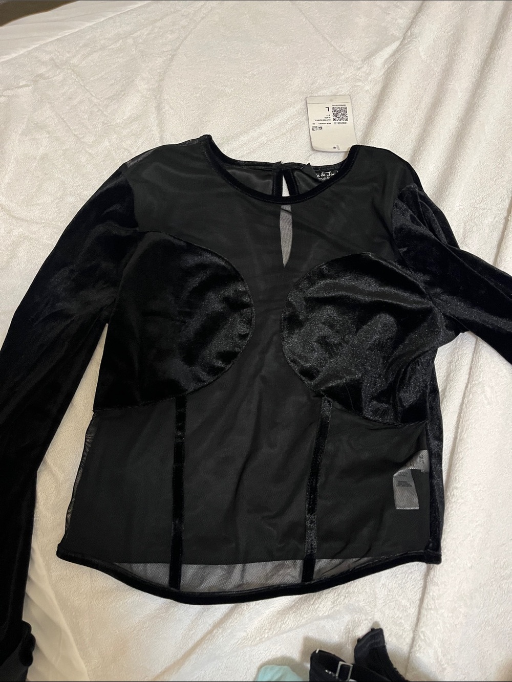Forever 21 Black Velvet & Mesh Long-Sleeve Top